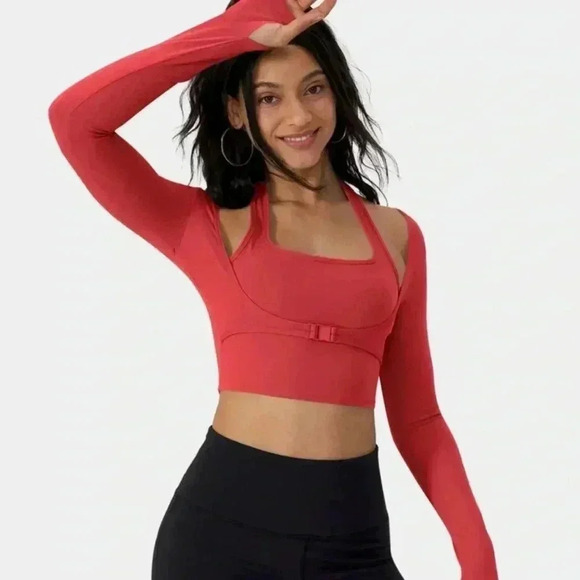 Halara plush halter thumb hole long sleeve crop sports top red size small - Picture 1 of 10